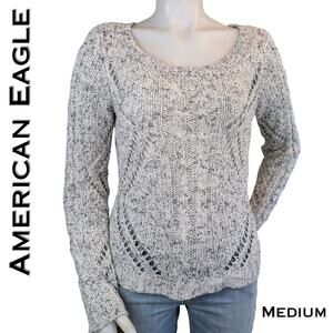 American Eagle Open Knit Marled Gray Sweater Medium Scoop Neck Indie Layering